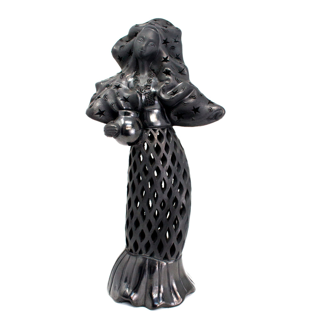 Tehuana Woman with Jug, Stars Blouse and Headdress, Oaxaca Black Clay