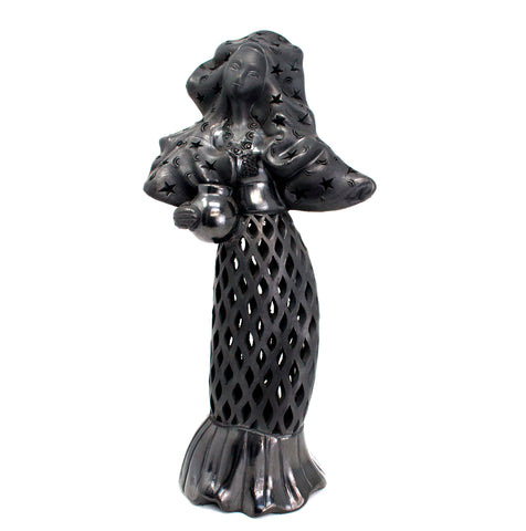 Tehuana Woman with Jug, Stars Blouse and Headdress, Oaxaca Black Clay