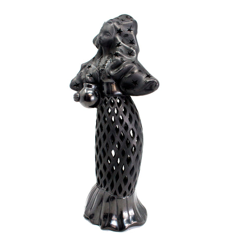 Tehuana Woman with Jug, Stars Blouse and Headdress, Oaxaca Black Clay