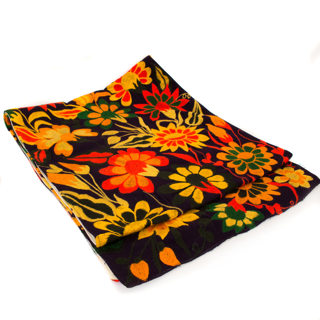 Flowers & Animals Black Table or Bed Runner, Machine Embroidery