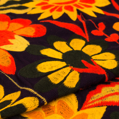 Flowers & Animals Black Table or Bed Runner, Machine Embroidery