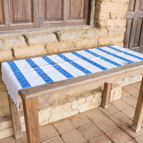 White & Blue Stripes Table Runner, Backstrap Weaving