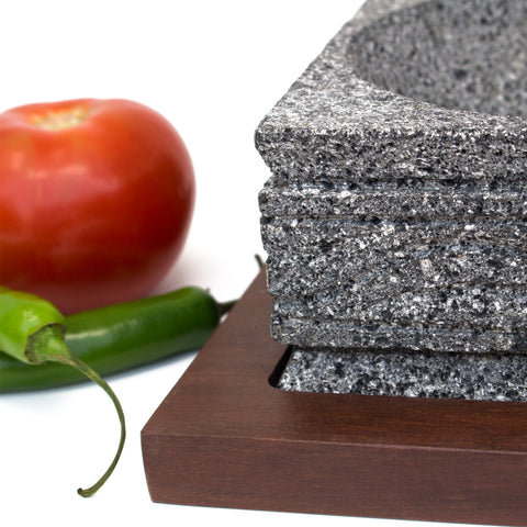 Square shaped engraved Molcajete, Basalt Stone