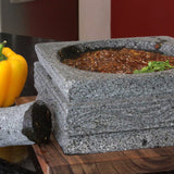 Square shaped engraved Molcajete, Basalt Stone