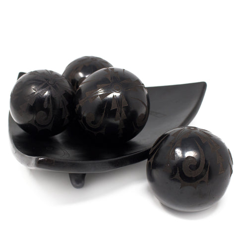 Triangular Fruit Platter with Four Balls, Scribed Black Clay