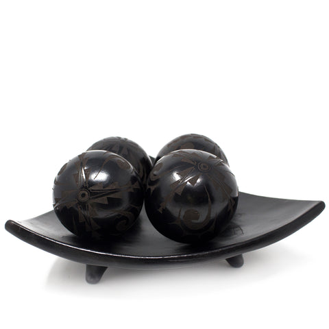 Triangular Fruit Platter with Four Balls, Scribed Black Clay