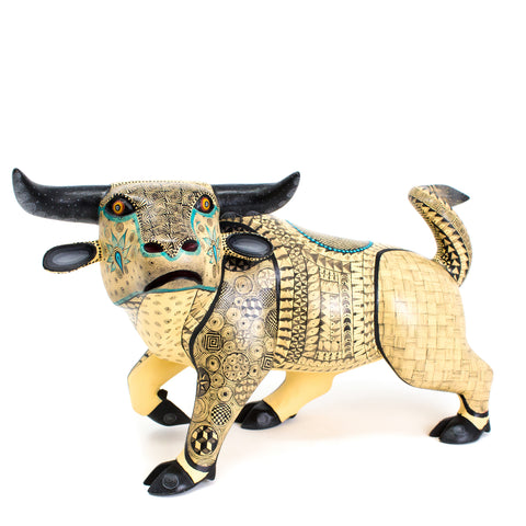 Yellow and Teal Bull Alebrije, Copal Wood