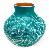 Turquoise/White Flowers Vase, Burnished Clay