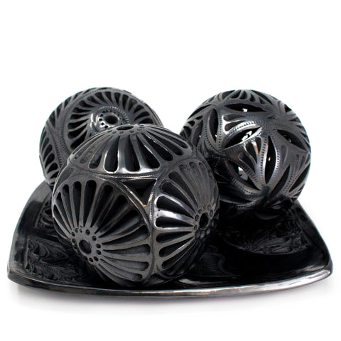 Three Pierced Spheres Tray, Oaxaca Black Clay