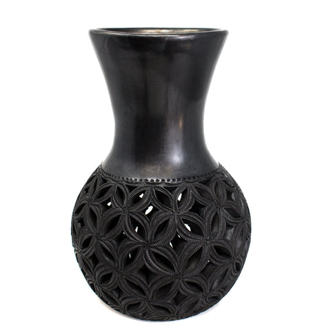 Geometric Pattern Pierced Flower Pot, Oaxaca Black Clay