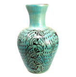 Elongated Wide Mouthed Green/Black Vase, Burnished Clay