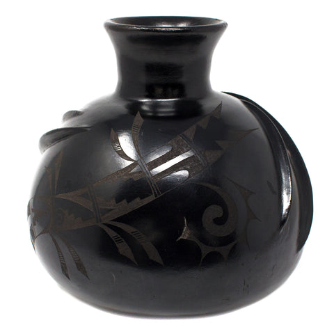 Medium-sized, Two Half-moons Ball Shaped Jug, Scribed Black Clay