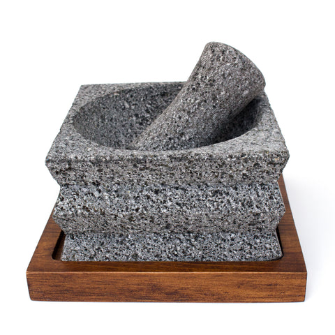 Small squared wavy carving Molcajete, Basalt Stone