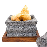 Small squared wavy carving Molcajete, Basalt Stone