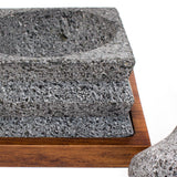 Small squared wavy carving Molcajete, Basalt Stone