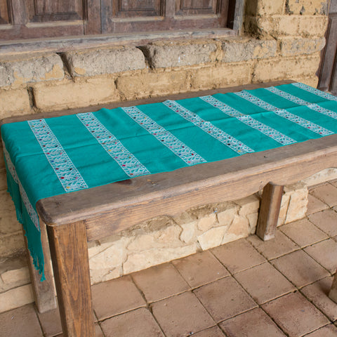 Green & White Stripes Table Runner, Backstrap Weaving